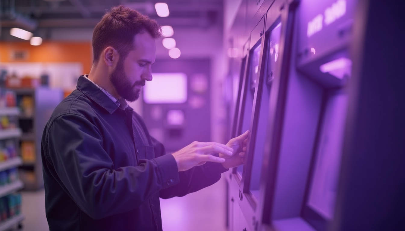 Professional technician installing ATM in retail environment